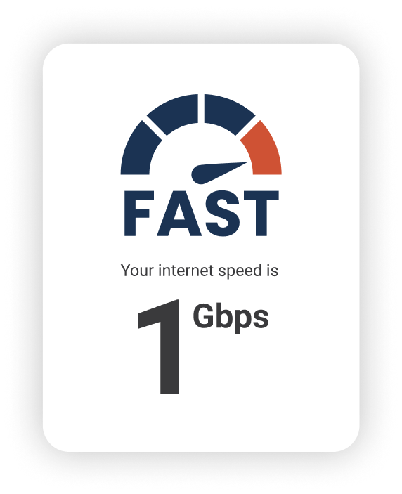 FAST, Your internet speed is 1Gbps with speedometer icon pointing to max